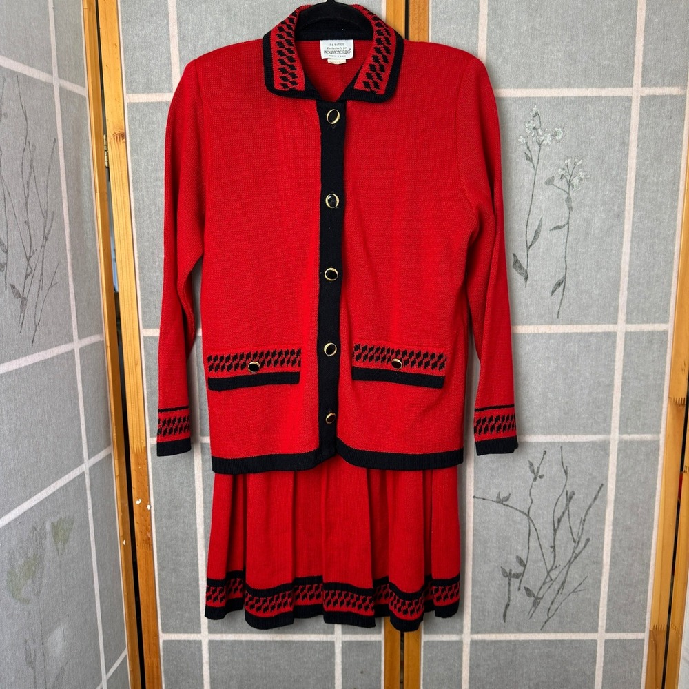 Vintage Brownstone Studio Red Knit Preppy Skirt Suit Set Black Trim Petite 8
